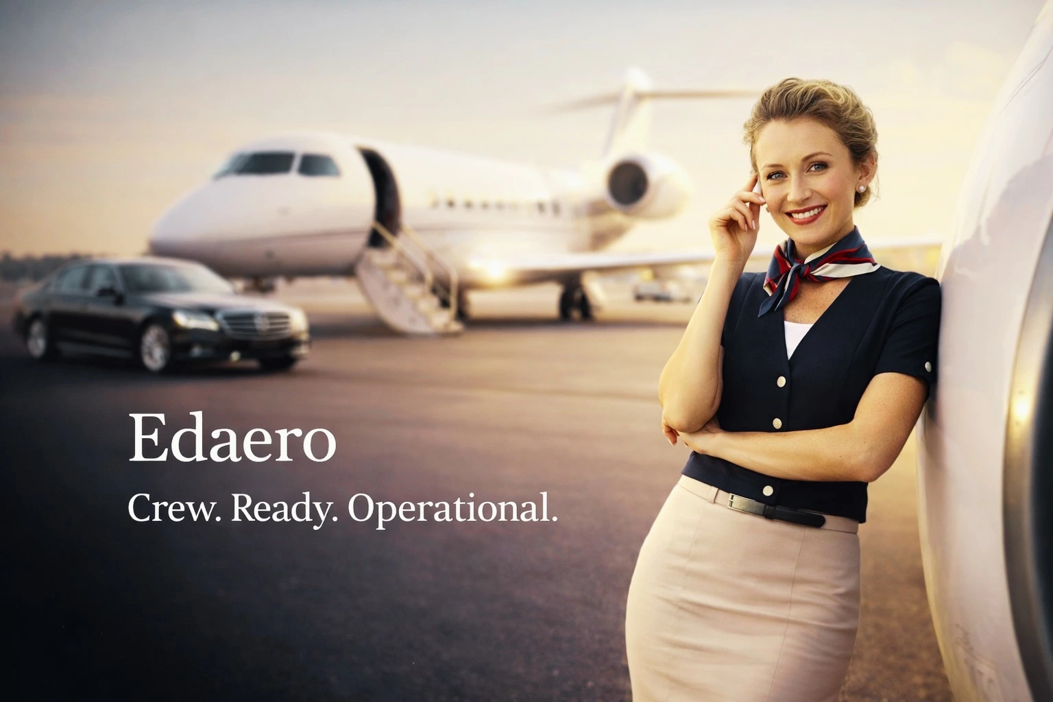 Verified professional flight attendant in front of a private jet - EDAERO premium crew services
